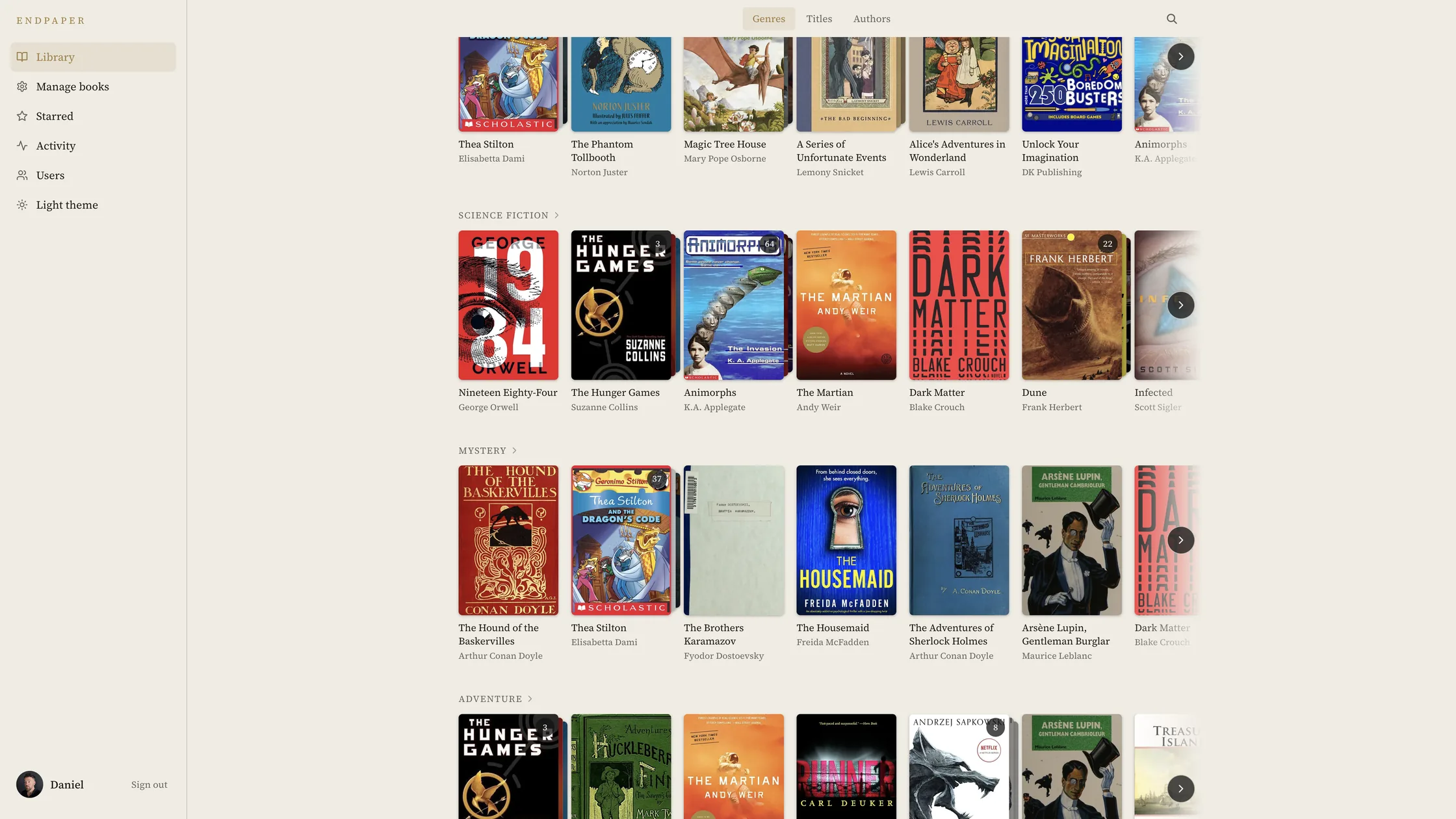 Endpaper's library in a desktop browser: shelves of book covers on a dark theme with gold accents