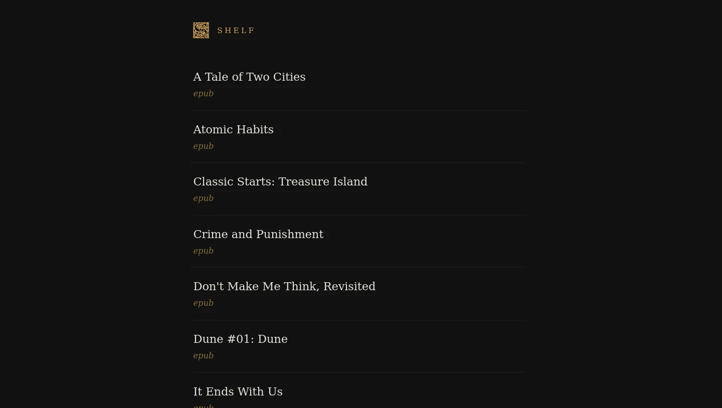 The original SHELF prototype — a plain dark text list of titles, no covers yet