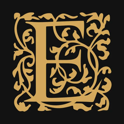 The Endpaper logo: a gold William Morris woodcut initial "E" on a charcoal ground