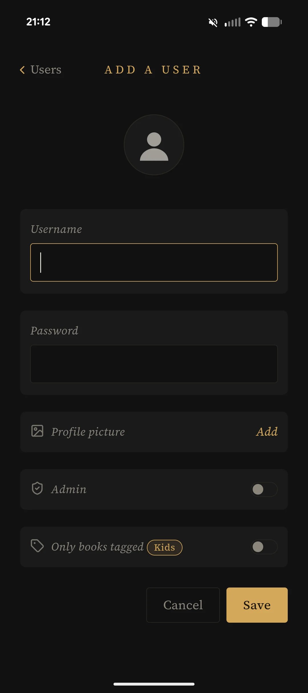Add a user: name, password, photo, an Admin toggle, and an Only-books-tagged-Kids toggle