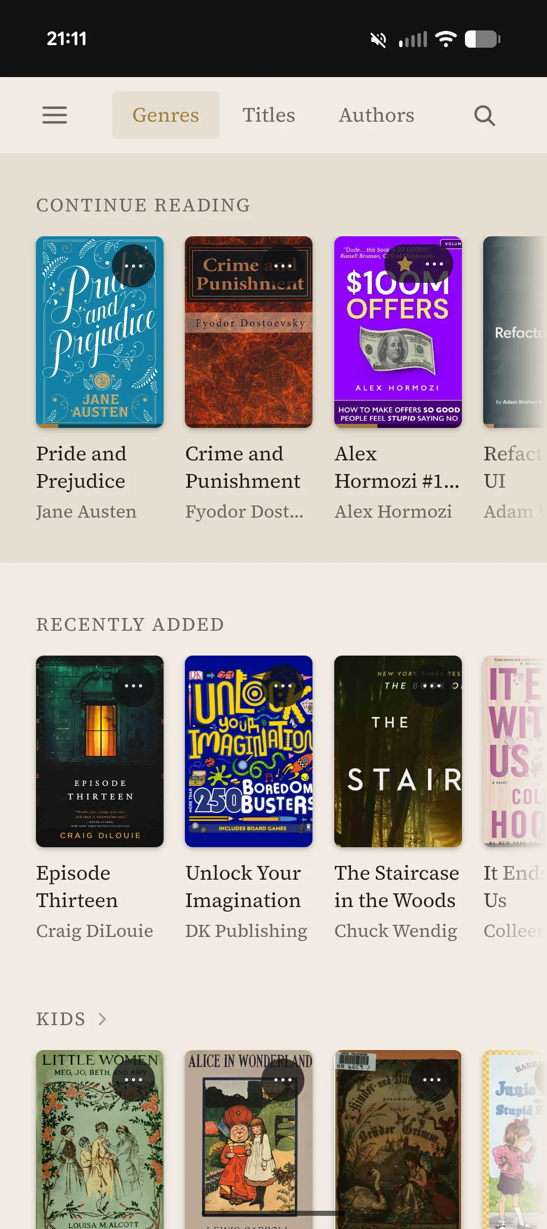 Mobile library, Genres: cover rails including Continue reading and a Kids rail