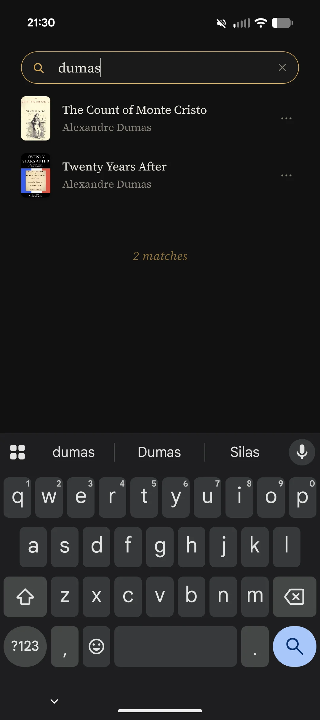 Search expanded from the header with the keyboard up