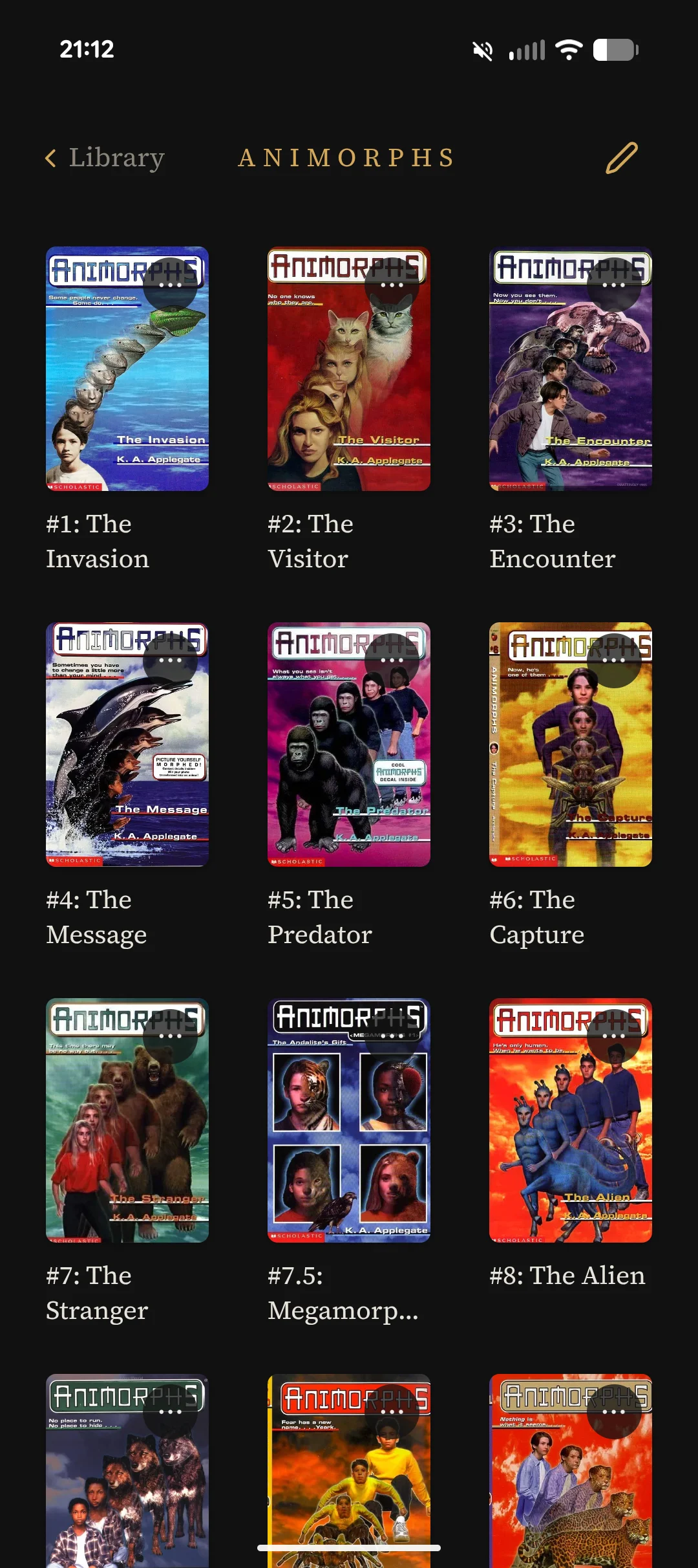 The Animorphs series page on a phone: every volume in numbered order