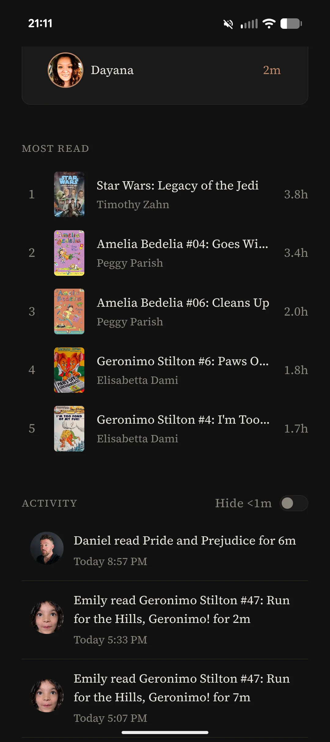 Lower on the stats page: Most Read titles and a recent-activity feed with a Hide-under-a-minute toggle
