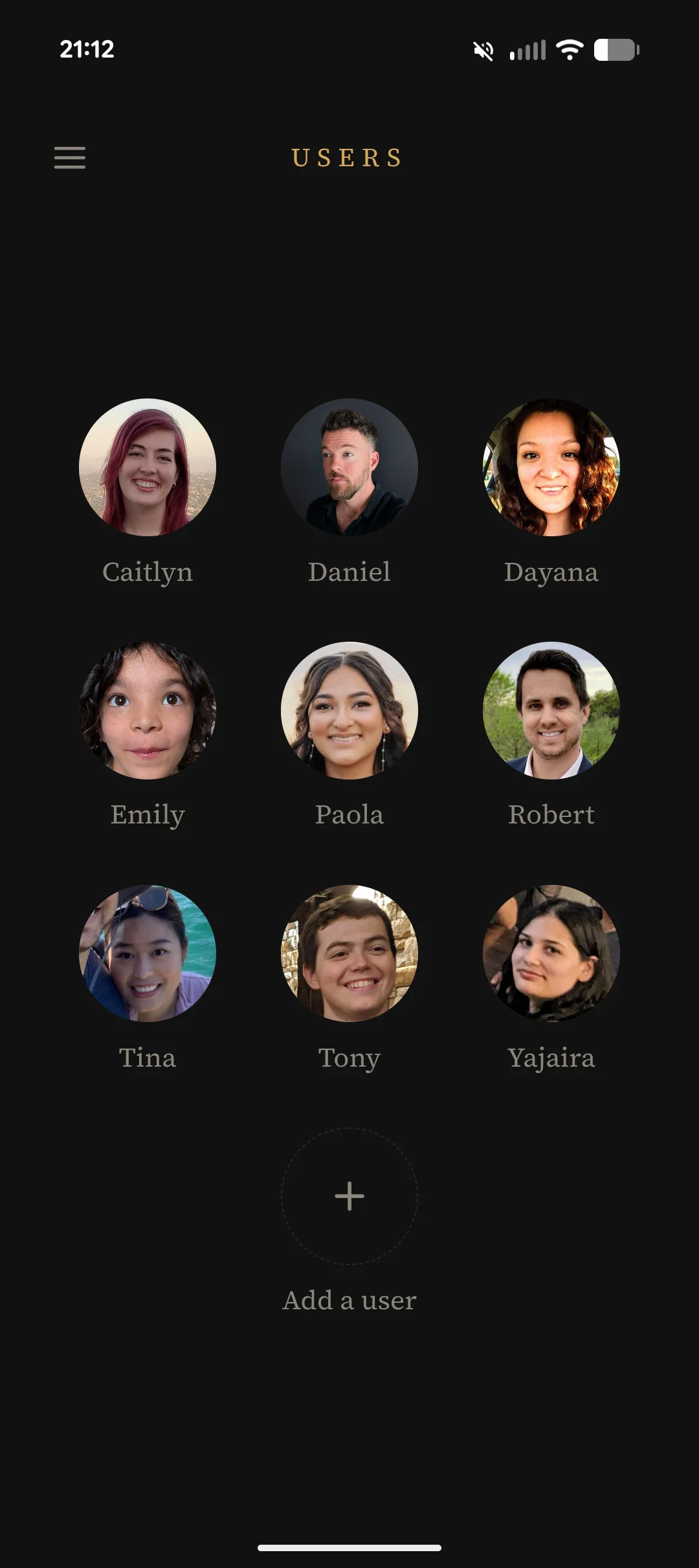The Users screen: a grid of family-member avatars
