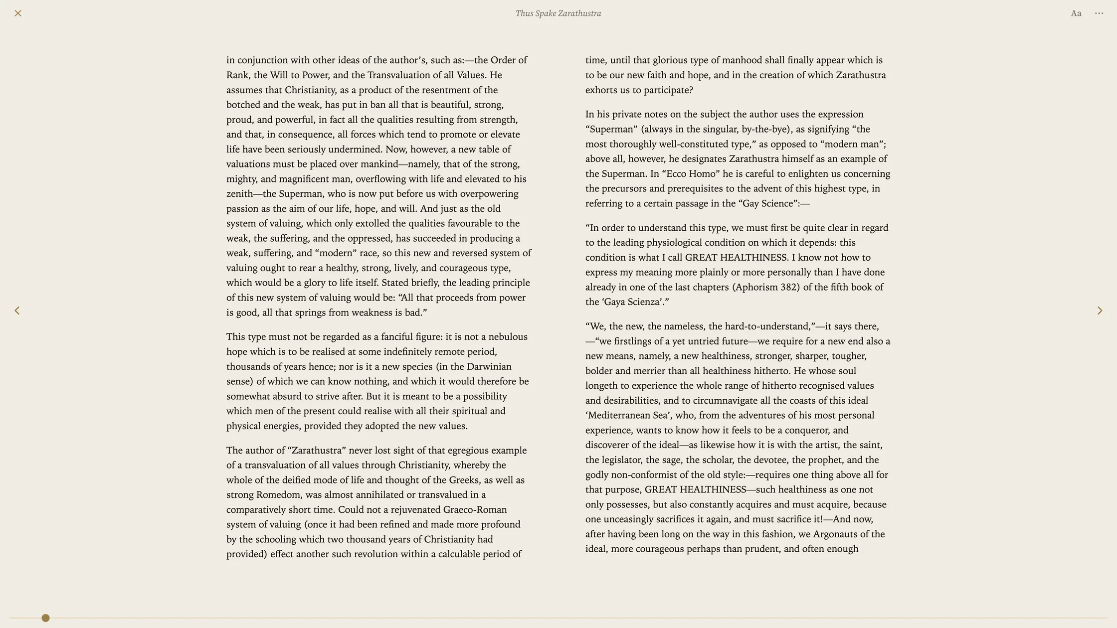 Endpaper's reader: a chapter of A Farewell to Arms paginated in Source Serif on a dark page, no controls