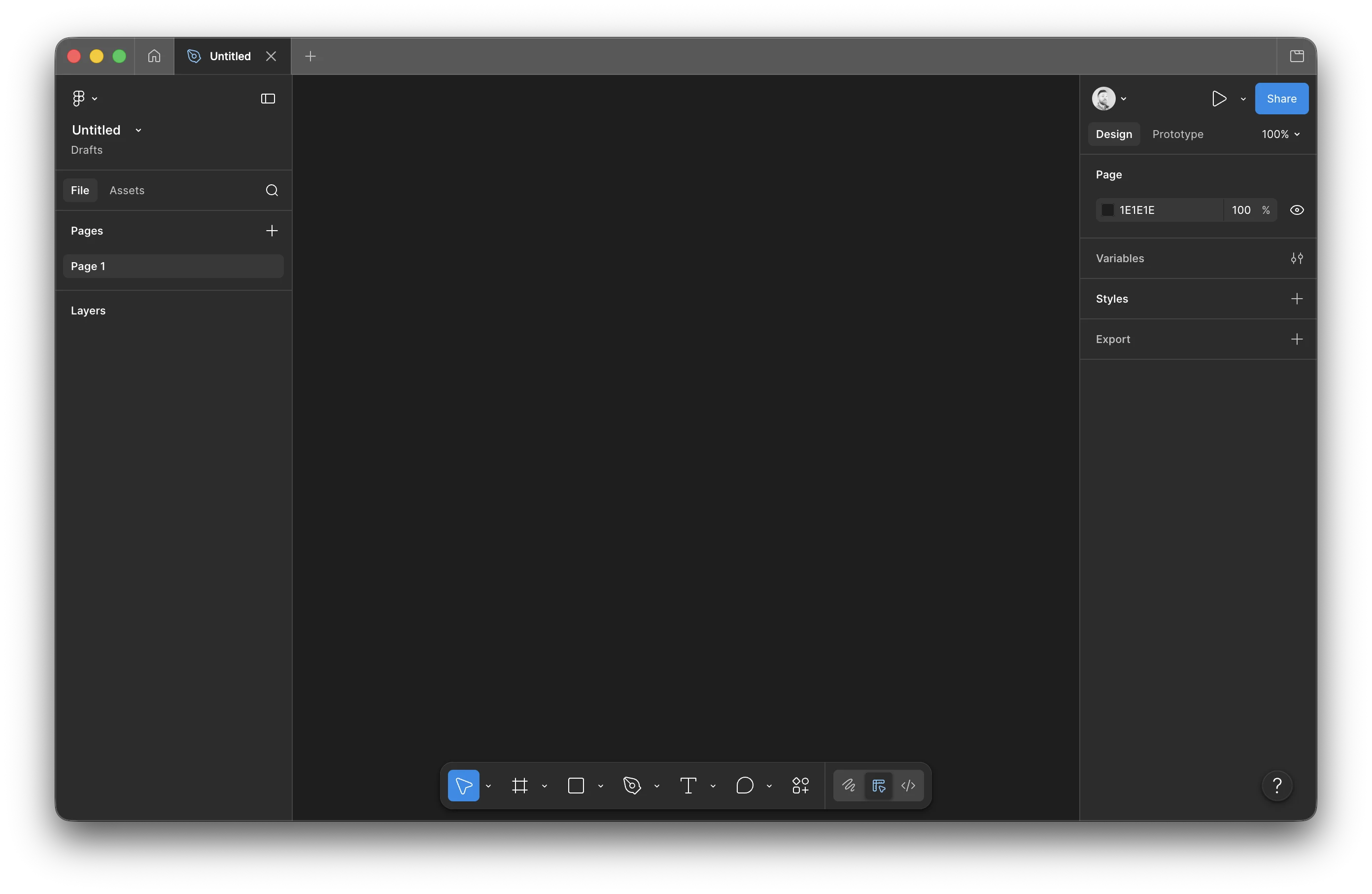 A pristine, empty Figma window in macOS chrome — left sidebar with Pages and Layers, right sidebar with Design and Prototype controls, an empty dark canvas, and a row of perfectly considered drawing tools along the bottom