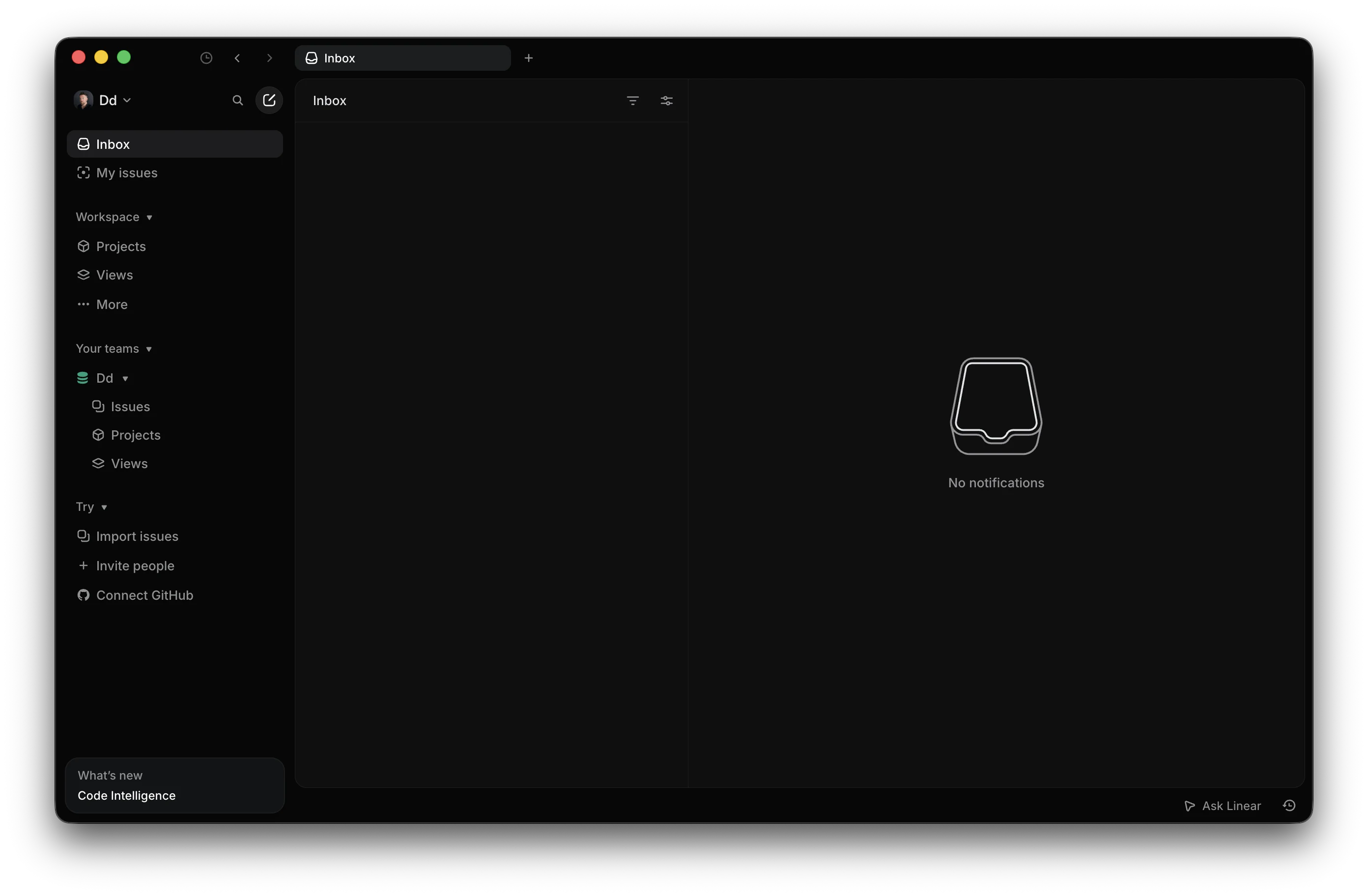 An empty Linear inbox in macOS chrome — left sidebar with Inbox, My issues, Workspace, and team links; the main pane reads 'No notifications'