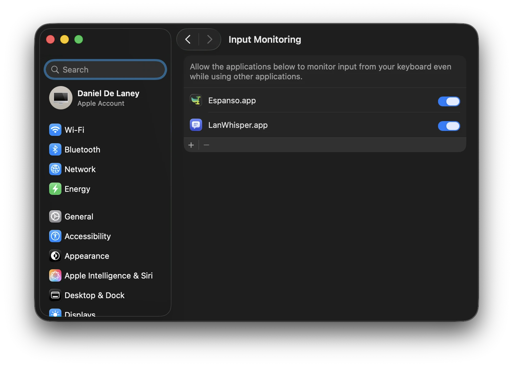 macOS System Settings open to Privacy & Security › Input Monitoring, showing toggles for Espanso and LanWhisper that only a human can flip