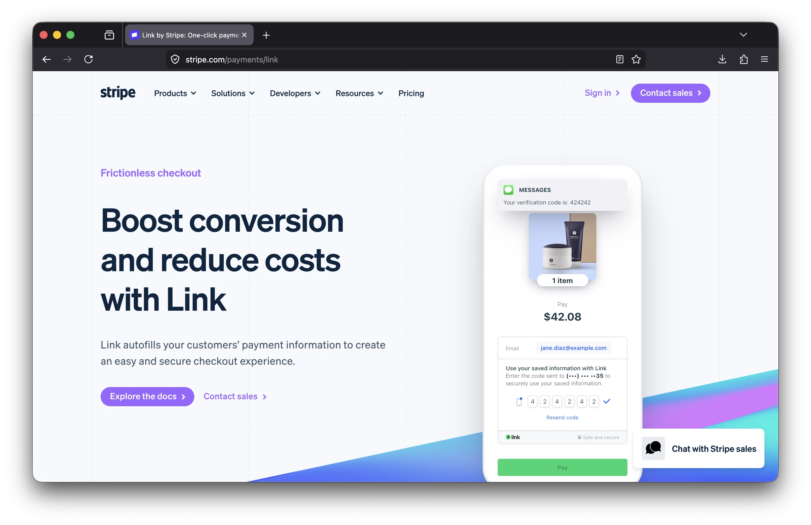 Stripe's 'Boost conversion and reduce costs with Link' product page in a browser window — the canonical example of meticulously designed B2B web UI