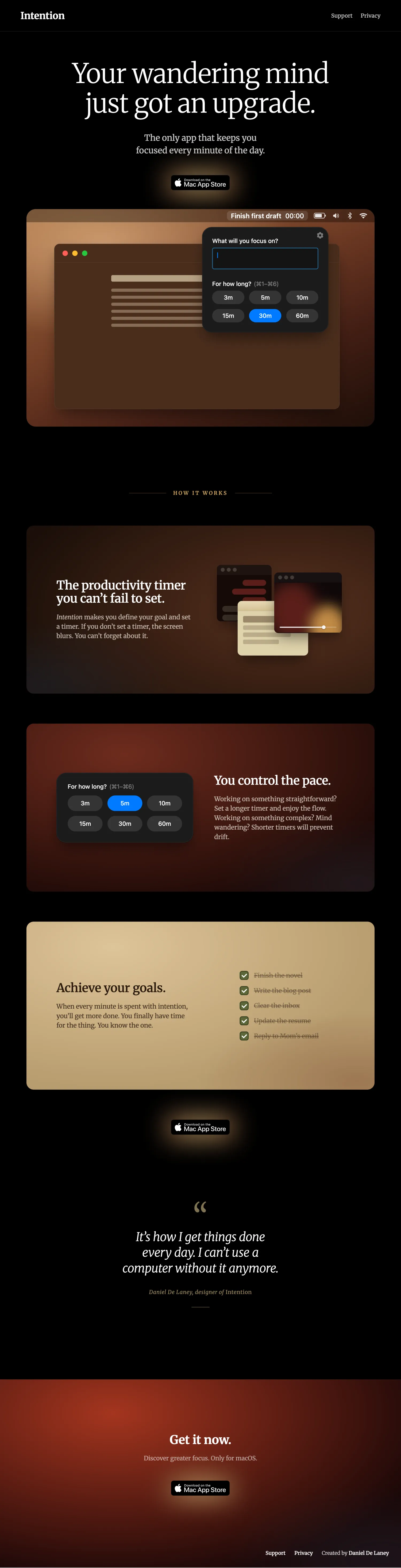 The full Intention landing page, top to bottom: hero animation, the three feature panels in brown, red, and cream, and the footer