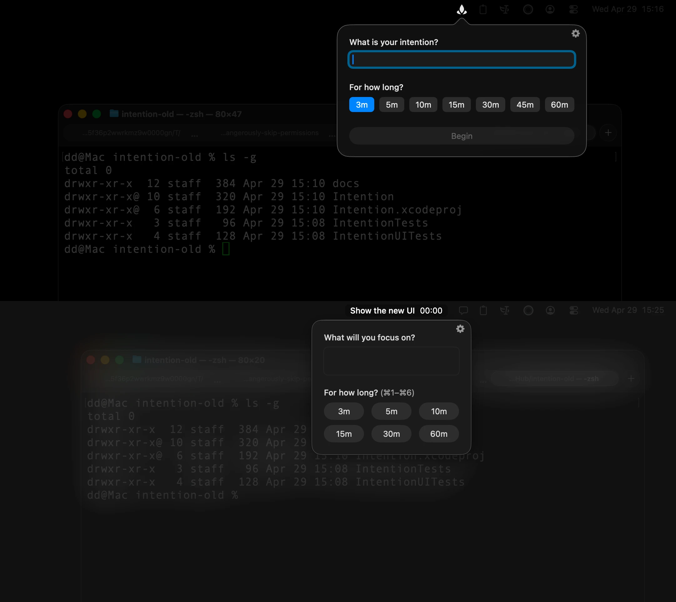 The original black overlay (top) versus the current frosted blur (bottom): the old version dimmed the screen toward black, while the new one makes content harder to see without making it darker
