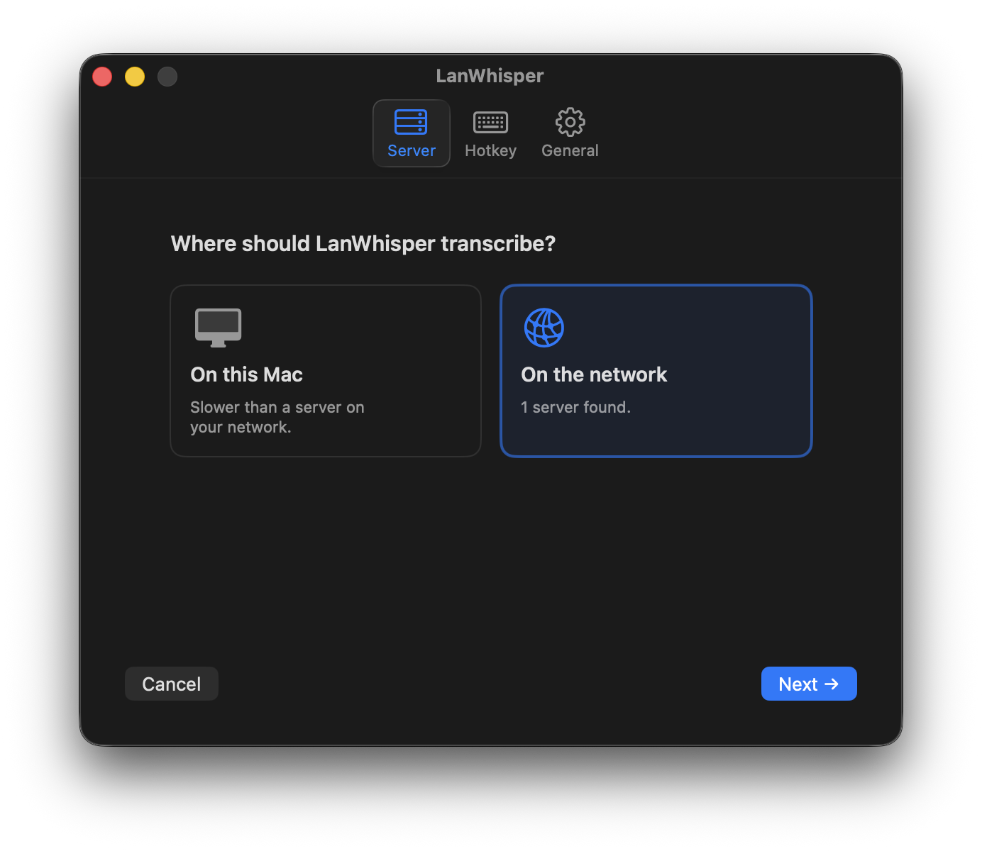 The first-run "where should LanWhisper transcribe" screen