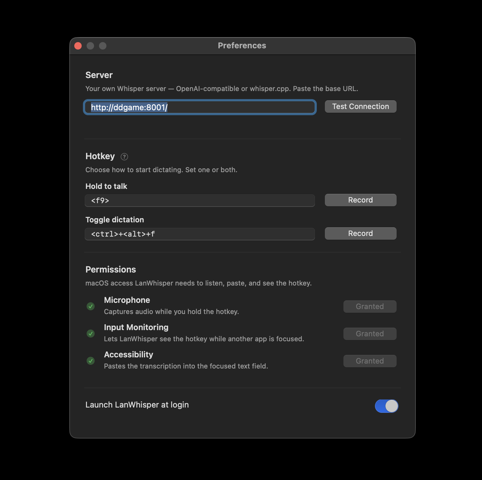 An early draft of the preferences window, with every issue on one page: a raw URL field for the server, pynput-format hotkey fields, and the whole thing crammed onto a single crowded screen