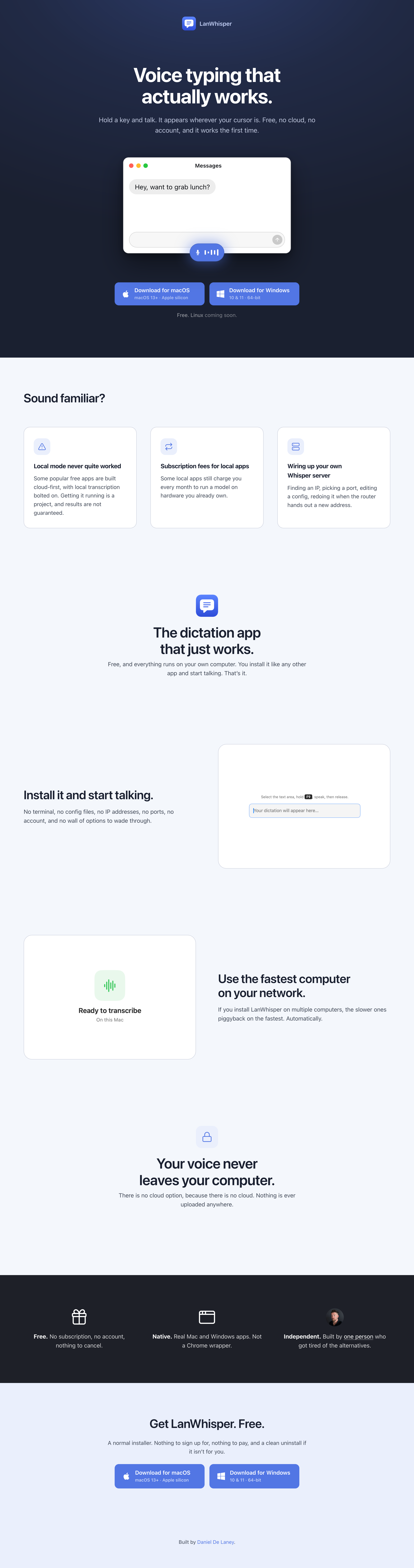 The LanWhisper landing page, showing the hero animation mid-cycle with the voice pill visible over the Messages window
