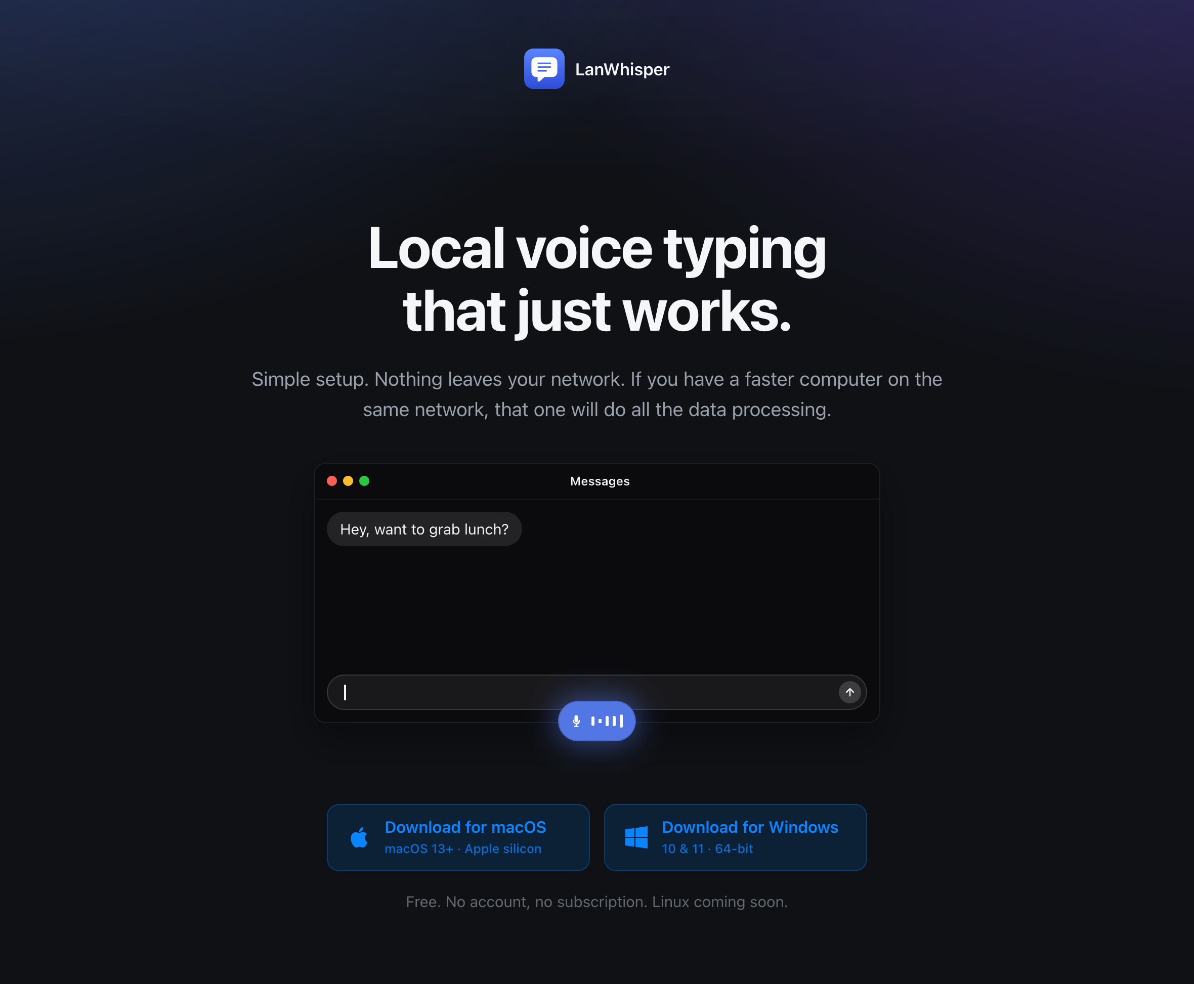 The LanWhisper landing page, showing the hero animation mid-cycle with the voice pill visible over the Messages window
