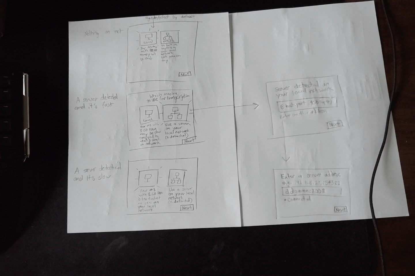 Paper sketch of the first-run server-picker flow across three network conditions